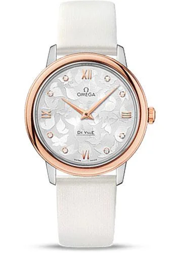 Omega De Ville Prestige Quartz Watch - 32.7 mm Steel Case - Red Gold Bezel - Silver Diamond Dial - White Satin-Brushed Leather Strap - 424.22.33.60.52.001