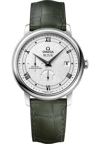 Omega De Ville Prestige Co-Axial Power Reserve Watch - 39.5 mm Steel Case - White Silvery Dial - Hunter Green Leather Strap - 424.13.40.21.02.004