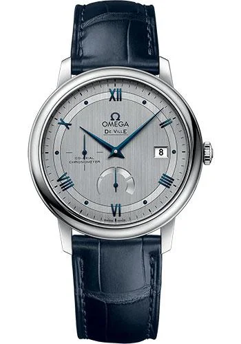 Omega De Ville Prestige Co-Axial Power Reserve Watch - 39.5 mm Steel Case - Rhodium-Silvery Dial - Blue Leather Strap - 424.13.40.21.02.003