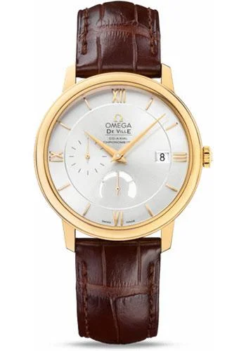 Omega De Ville Prestige Power Reserver Co-Axial Watch - 39.5 mm Yellow Gold Case - Silver Dial - Brown Leather Strap - 424.53.40.21.02.002