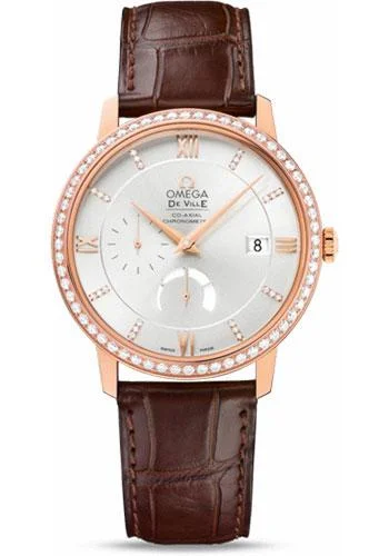 Omega De Ville Prestige Power Reserver Co-Axial Watch - 39.5 mm Red Gold Case - Diamond Bezel - Silver Diamond Dial - Brown Leather Strap - 424.58.40.21.52.002